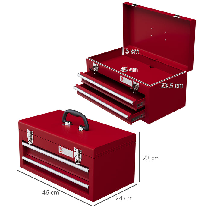 Heavy-Duty Lockable Toolbox - 2-Drawer Storage Chest with Secure Latches and Ball Bearing Runners, Red - Ideal for Organizing Tools and Workshop Essentials