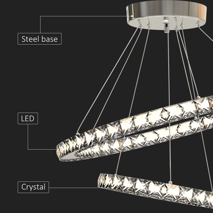Modern LED Chandelier with Dual Crystal Rings - Dimmable Pendant Ceiling Fixture with Cool to Warm White Light, Adjustable Cable & Remote Control - Elegant Lighting for Contemporary Home Decor