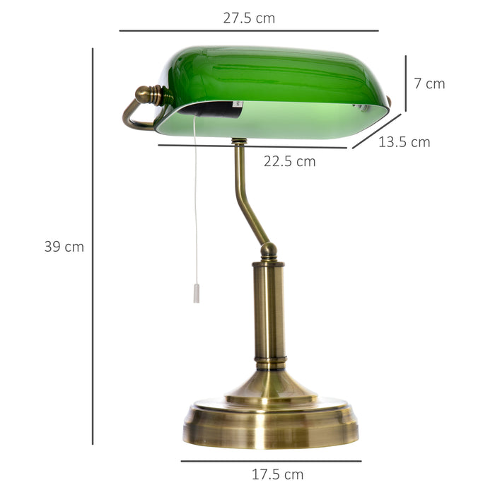 Antique Bronze Banker's Table Lamp - Green Glass Shade Desk Light with Pull Rope Switch - Classic Lighting for Home Office & Living Spaces