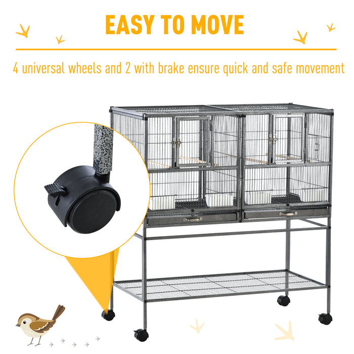 Deluxe Double Rolling Metal Parrot Cage - Includes Removable Tray, Storage, Wooden Perch & Food Holder - Ideal for Avian Pets & Bird Care Enthusiasts