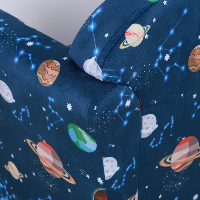 Kids Planet-Themed Cozy Armchair - Sturdy Wood Construction with Non-Slip Feet in Blue - Perfect Seating for Children's Rooms