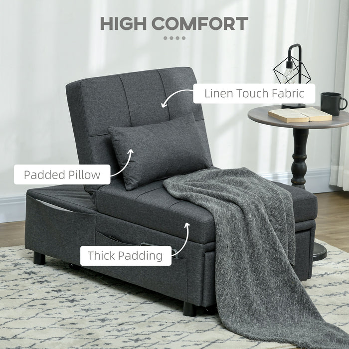 3-in-1 Convertible Sleeper Chair Bed with Padding - Adjustable Recliner, Wheels and Pillow, Grey - Perfect for Small Spaces and Guest Rooms