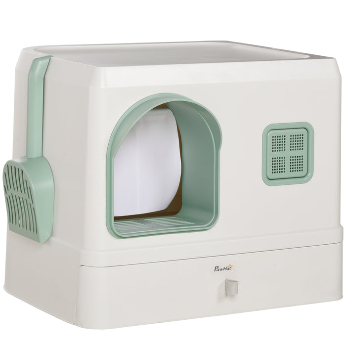 Hooded Cat Litter Box with Scoop Drawer - Deodorizing Tray Pan with Front Entry, 50x40x40cm - Ideal for Odor Control in Cat Homes
