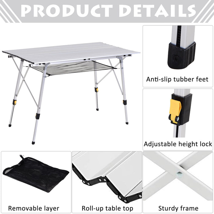 Portable 4FT Aluminum Folding Table - Picnic & Camping Table with Roll-Up Top and Mesh Rack - Ideal for Outdoor BBQs and Gatherings
