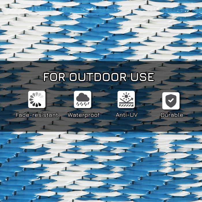 Reversible Blue and Cream RV Camping Mat - 182x274cm Eco-Friendly Plastic Straw Outdoor Rug with Carry Bag - Ideal for Picnics, Beach Trips, & Patio Use