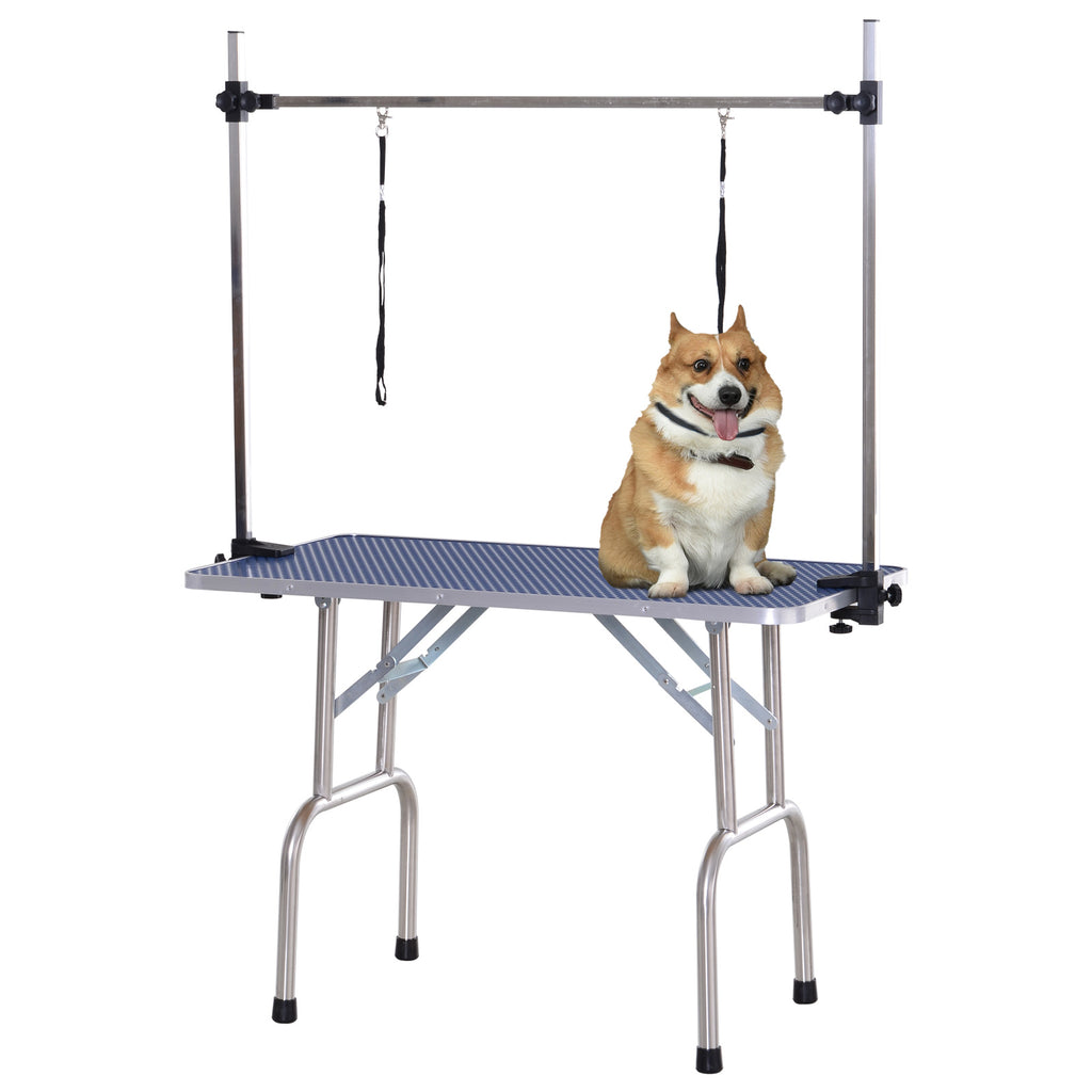 Adjustable Dog Grooming Table with Rubberized Surface - Includes 2 Safety Slings and Mesh Storage Basket, Heavy-Duty Metal Construction in Blue - Ideal for Pet Stylists and Home Grooming, 107 x 60 x 170 cm