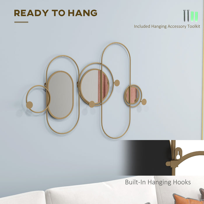 Modern Gold-Toned Metal Wall Mirror with Coat Hooks - Decorative Wall Art for Home Styling - Ideal for Living Room and Bedroom Organization