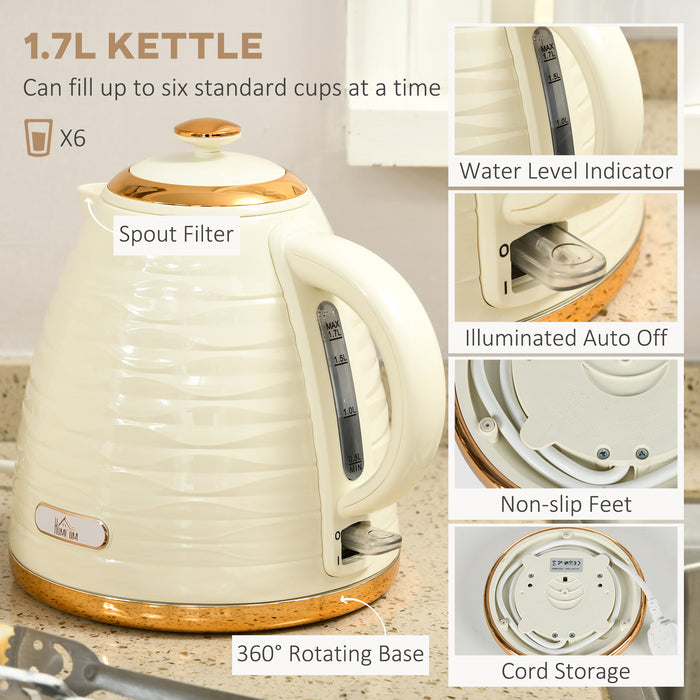 3000W 1.7L Rapid Boil Kettle & 4 Slice Toaster Set - Beige, 7 Browning Settings & Easy-Clean Crumb Tray - Ideal for Busy Mornings & Large Families