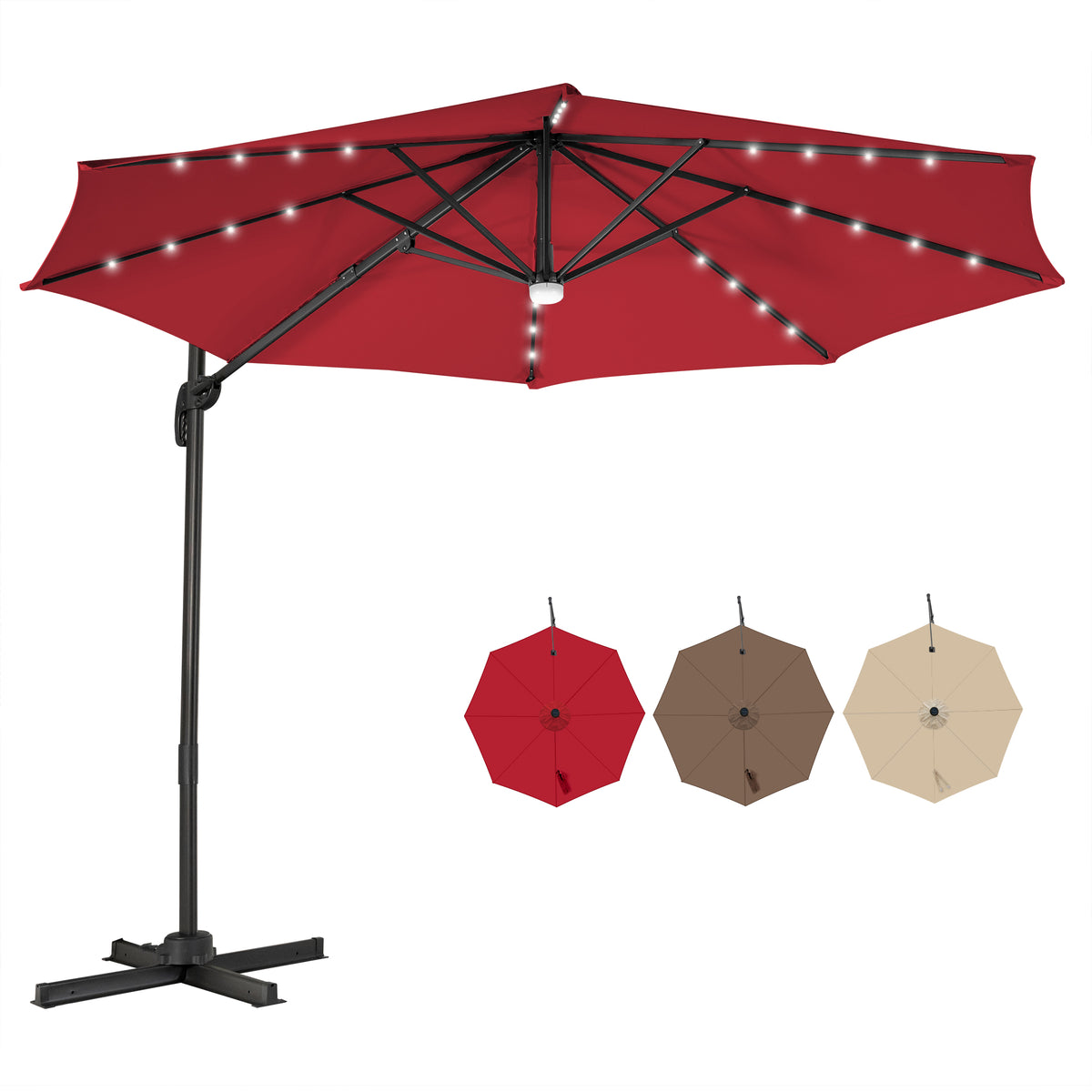 Cantilever Solar Umbrella, 10 Feet - Patio Offset with 28 LED Lights, 360° Tilt Functionality - Ideal for Outdoor Dining and Entertainment Spaces, Wine Color