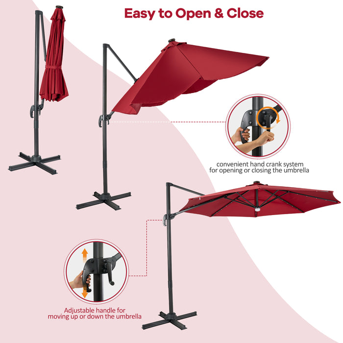 Solar Umbrella 10 Feet - Cantilever Design, 28LED Lighted, Patio Offset, Tilt 360°, Outdoor Suitable - Perfect for Wine and Dine Evenings in Backyard or Terrace