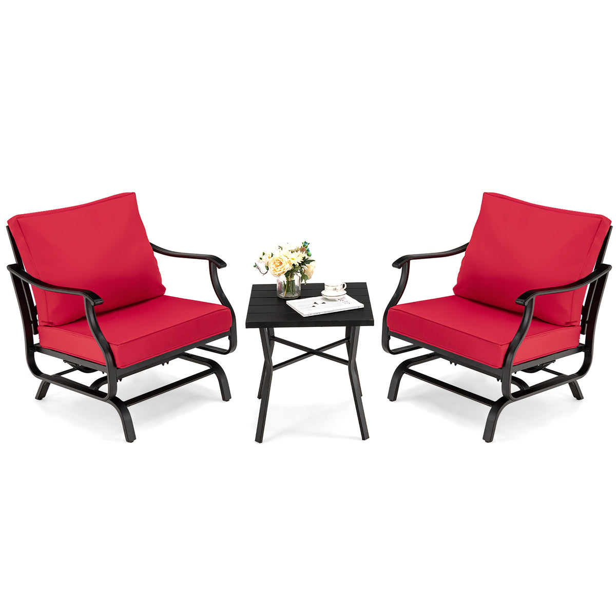 Rocking Garden Set - 3 Piece Outdoor Furniture with Cushions in Vibrant Red - Ideal for Balcony or Yard Comfort and Relaxation