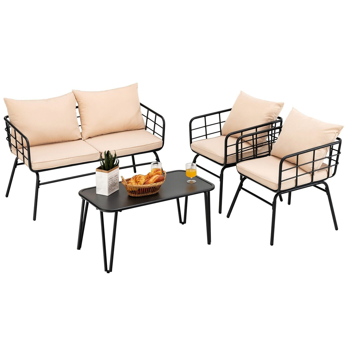 Outdoor Furniture Collection - 4 Piece Patio Conversation Set with Beige Seat Back Cushions - Perfect for Outdoor Relaxation and Entertaining