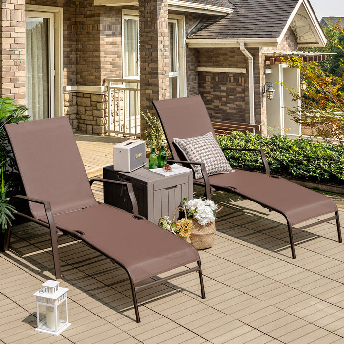 2-Piece Folding Sun Lounger - Adjustable 5-Position, Stackable Deck Chairs in Brown - Perfect for Patio, Poolside Relaxation