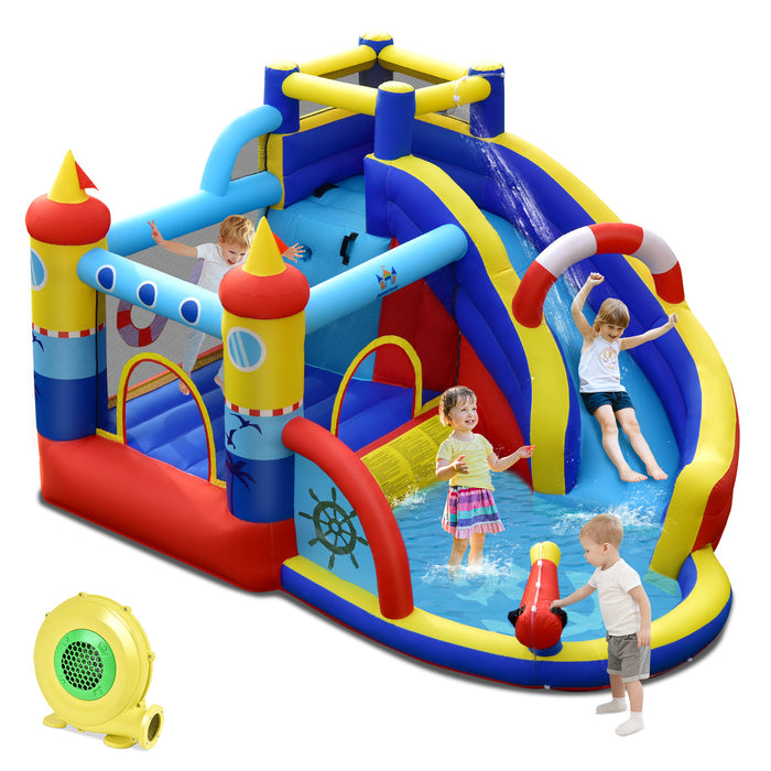 Bounce Castle 6-in-1 - Inflatable Water Park with Curved Slide - Ideal Fun Playset for Kids