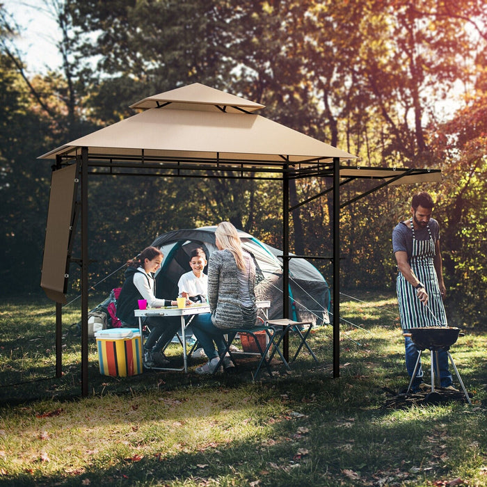Dual Side Awning Outdoor Grill Gazebo - Brown Color, Premium Garden Structure - Ideal for Backyard Barbecues and Outdoor Cooking Events