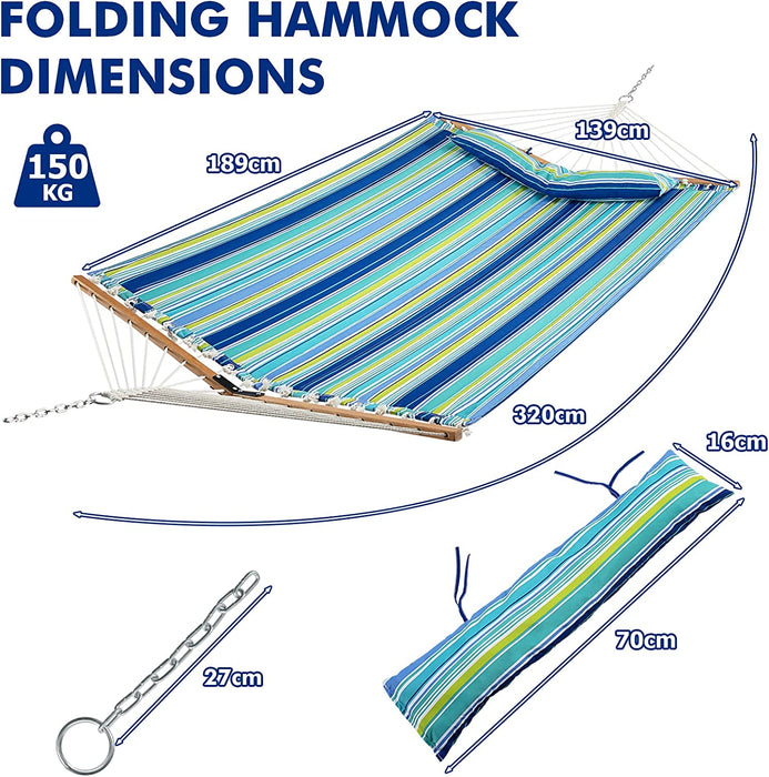 Blue Outdoor Porch Hammock - Detachable Feature with Wooden Spreader Bars - Ideal for Relaxation and Leisure Time