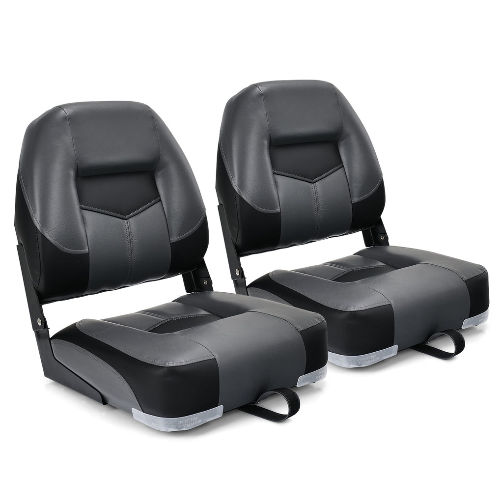 Boat Chair Set - 2-Piece Black Low-Back Folding Design with Long Fixation Strap - Perfect for Outdoor Water Activities