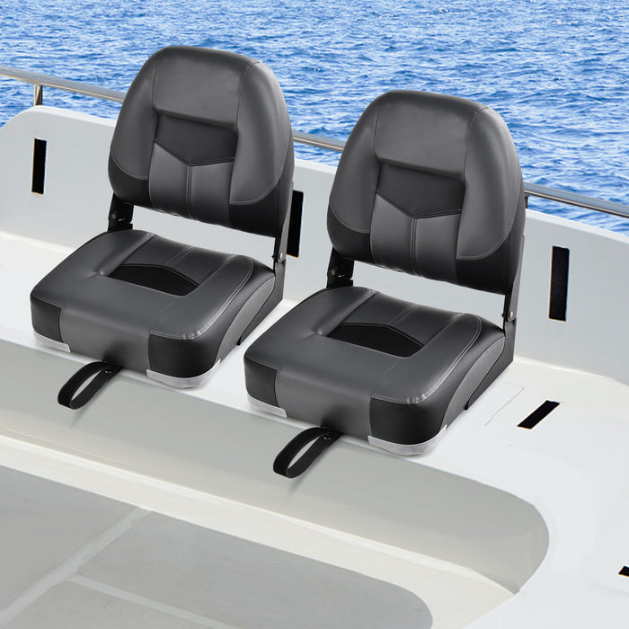 Boat Chair Set - 2-Piece Black Low-Back Folding Design with Long Fixation Strap - Perfect for Outdoor Water Activities