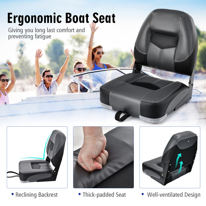 Boat Chair Set - 2-Piece Black Low-Back Folding Design with Long Fixation Strap - Perfect for Outdoor Water Activities