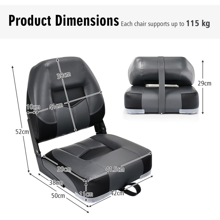 Boat Chair Set - 2-Piece Black Low-Back Folding Design with Long Fixation Strap - Perfect for Outdoor Water Activities