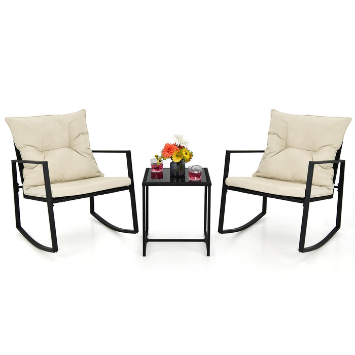 Beige 3-Piece Set - Rocking Chair and Glass Coffee Table - Perfect for Relaxation and Casual Conversations