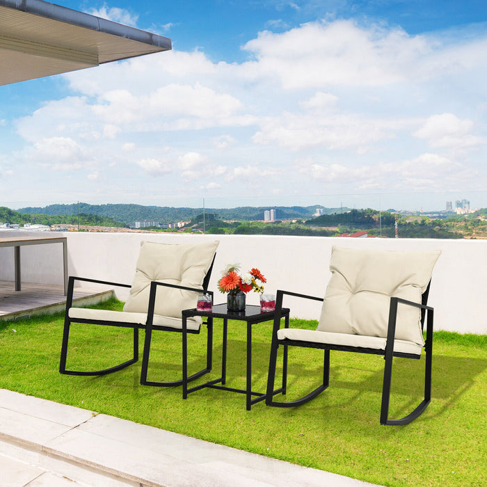 Beige 3-Piece Set - Rocking Chair and Glass Coffee Table - Perfect for Relaxation and Casual Conversations