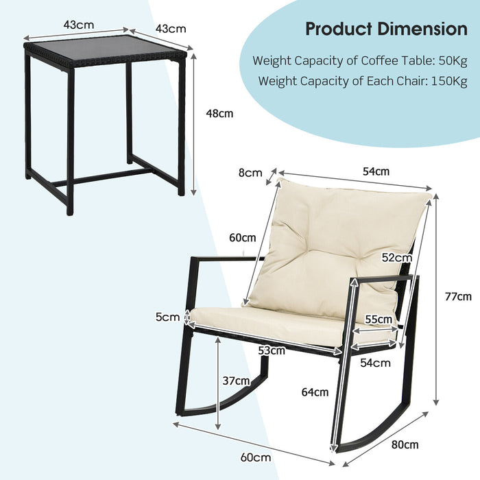 Beige 3-Piece Set - Rocking Chair and Glass Coffee Table - Perfect for Relaxation and Casual Conversations