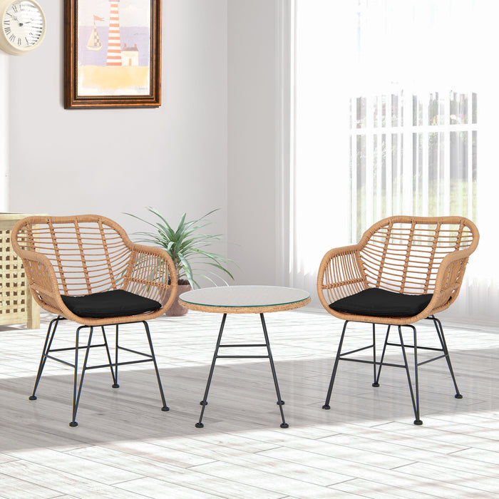 3 Piece Patio Rattan Furniture Set - With 2 Cushioned Chairs and Tempered Glass Table in Black - Ideal for Outdoor and Garden Relaxation
