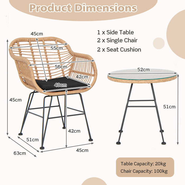 3 Piece Patio Rattan Furniture Set - With 2 Cushioned Chairs and Tempered Glass Table in Black - Ideal for Outdoor and Garden Relaxation