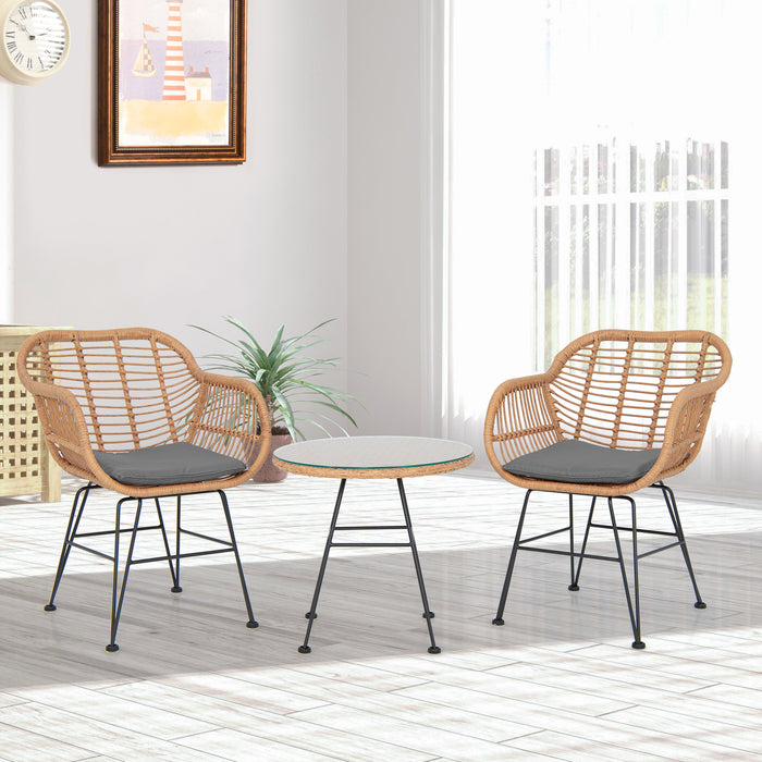 3 Piece Patio Rattan Furniture Set - With 2 Cushioned Chairs and Tempered Glass Table in Black - Ideal for Outdoor and Garden Relaxation