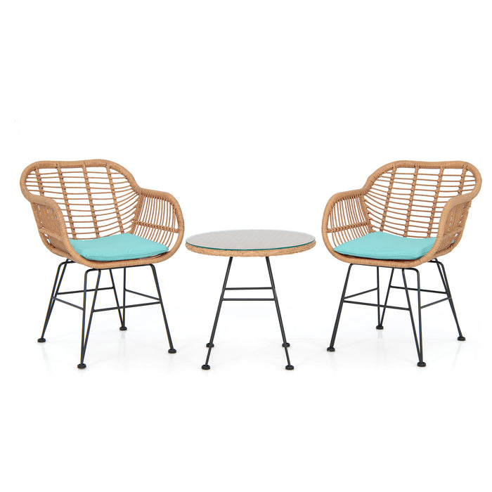 3 Piece Patio Rattan Furniture Set - With 2 Cushioned Chairs and Tempered Glass Table in Black - Ideal for Outdoor and Garden Relaxation