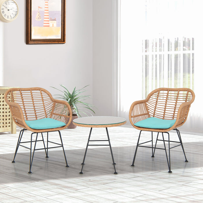 3 Piece Patio Rattan Furniture Set - With 2 Cushioned Chairs and Tempered Glass Table in Black - Ideal for Outdoor and Garden Relaxation