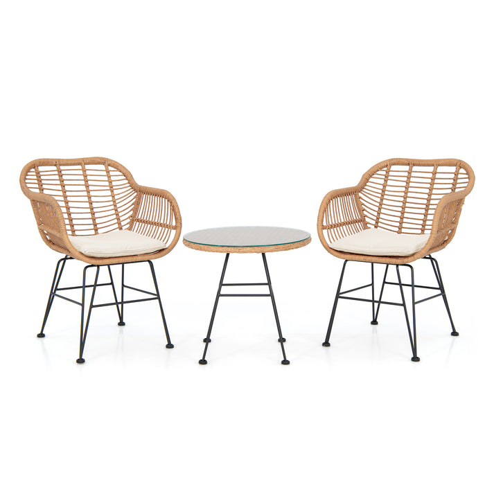 3 Piece Patio Rattan Furniture Set - With 2 Cushioned Chairs and Tempered Glass Table in Black - Ideal for Outdoor and Garden Relaxation