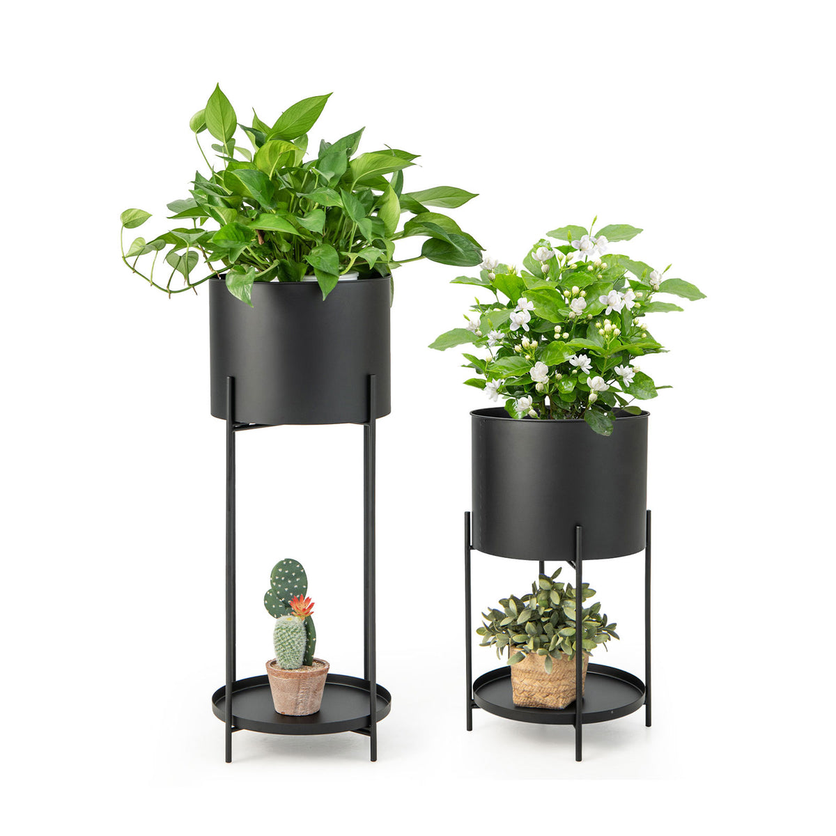 Black Metal Planter Pots with Stands - Set of 2 for Indoor/Outdoor Use ...