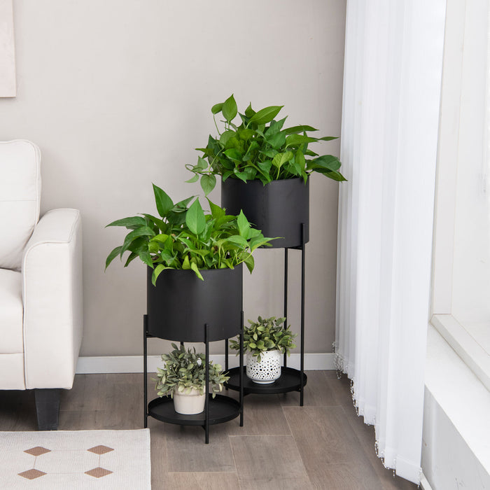 Metal Planter Pot Stands Set of 2 - Black with Drainage Holes and Stand Features - Ideal for Indoor and Outdoor Plant Display