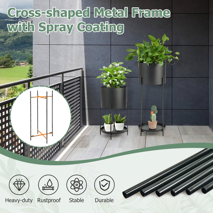 Metal Planter Pot Stands Set of 2 - Black with Drainage Holes and Stand Features - Ideal for Indoor and Outdoor Plant Display