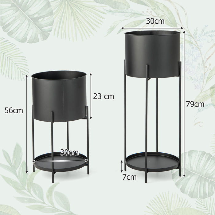 Metal Planter Pot Stands Set of 2 - Black with Drainage Holes and Stand Features - Ideal for Indoor and Outdoor Plant Display