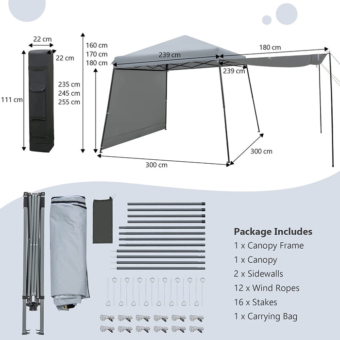 Canopy Tent 3 x 3 M with Adjustable Height - Slant Leg Design, 2 Sidewalls, and Roller Bag Included - Ideal for Outdoor Events and Gatherings