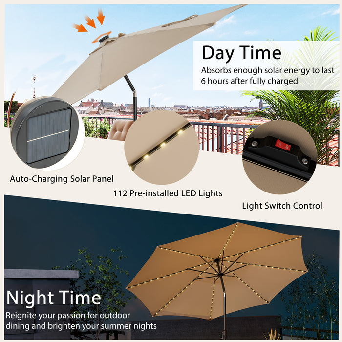 3M - Beige Patio Umbrella with 112 Solar Powered LED Lights & Crank Handle - Perfect for Nighttime Outdoor Enjoyment