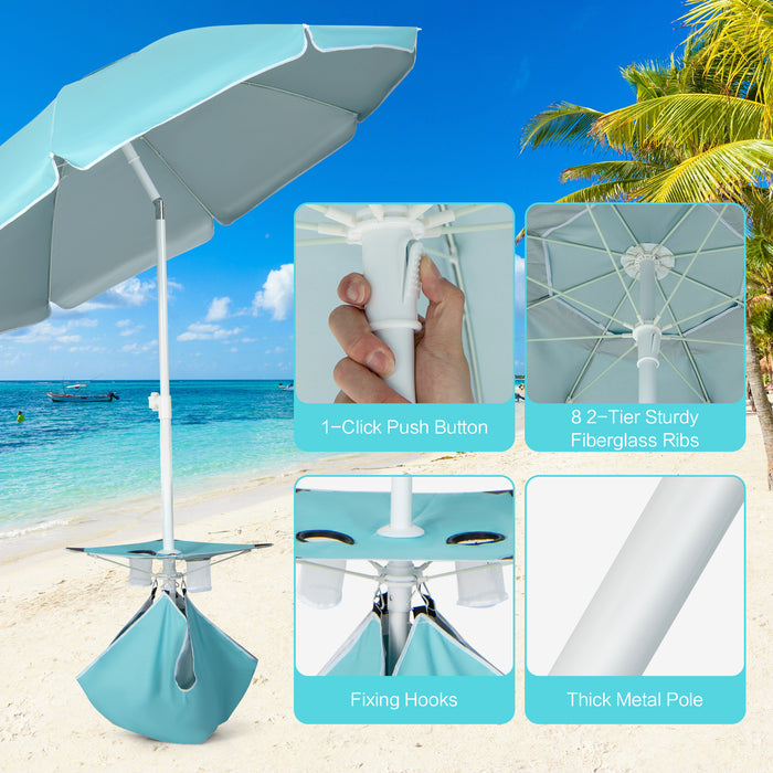 2M - Beach Umbrella with Cup Holder, Table and Sandbag in Blue - Ideal for Beachgoers and Outdoor Enthusiasts