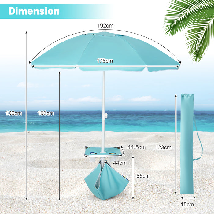 2M - Beach Umbrella with Cup Holder, Table and Sandbag in Blue - Ideal for Beachgoers and Outdoor Enthusiasts