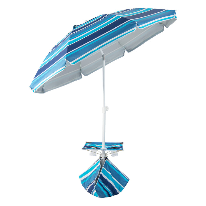 2M - Beach Umbrella with Cup Holder, Table and Sandbag in Blue - Ideal for Beachgoers and Outdoor Enthusiasts