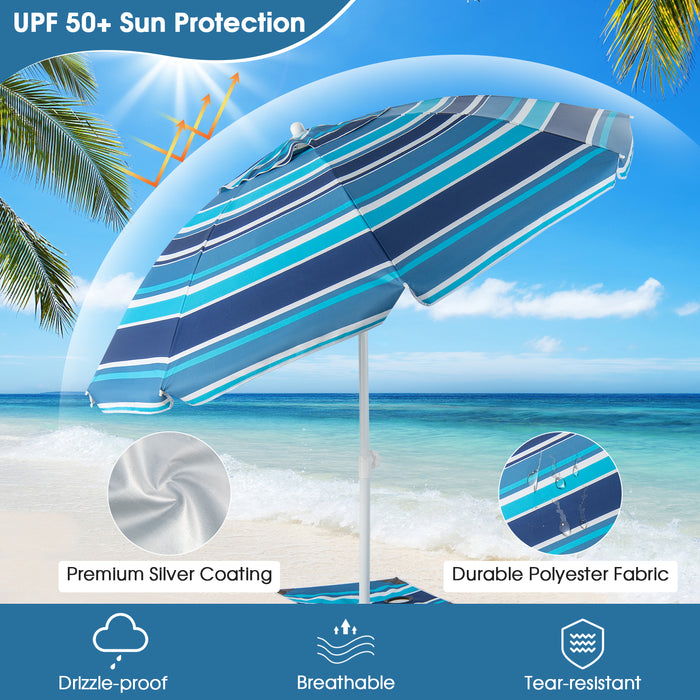 2M - Beach Umbrella with Cup Holder, Table and Sandbag in Blue - Ideal for Beachgoers and Outdoor Enthusiasts