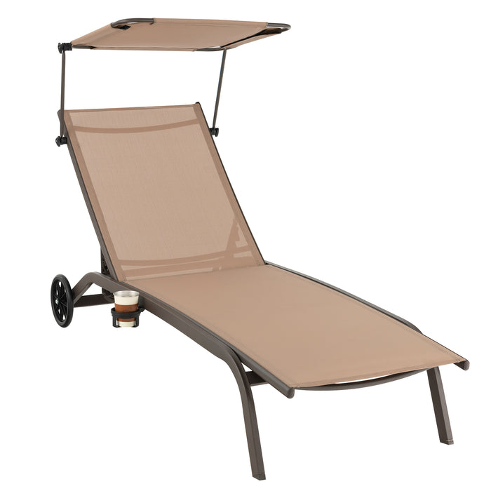 Outdoor Furniture Solutions - Patio Chaise Lounge Chair with Wheels and Adjustable Canopy, Brown Color - Ideal for Sunbathing and Outdoor Relaxation