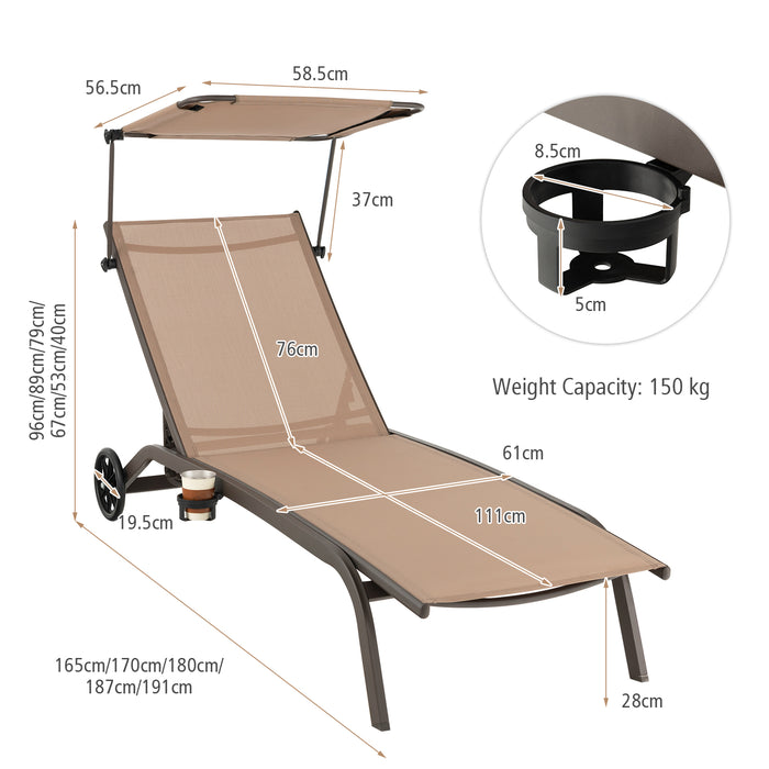 Outdoor Furniture Solutions - Patio Chaise Lounge Chair with Wheels and Adjustable Canopy, Brown Color - Ideal for Sunbathing and Outdoor Relaxation