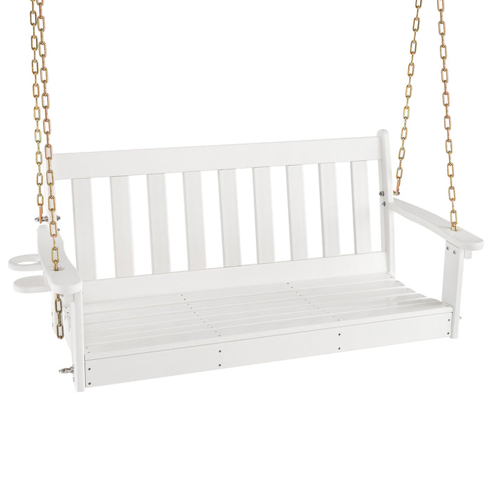 HDPE - White Porch Swing with Hidden Cup Holder and Adjustable Secure Chains - Great for Relaxing Outdoors