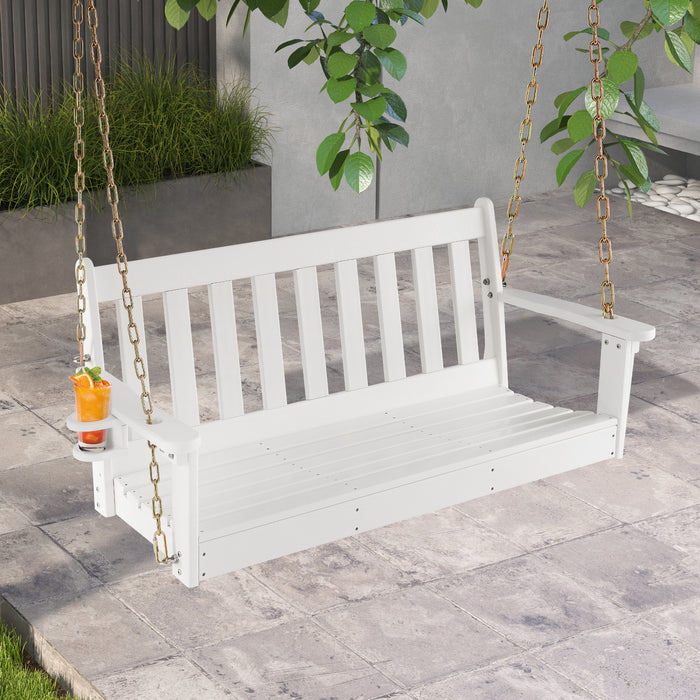 HDPE - White Porch Swing with Hidden Cup Holder and Adjustable Secure Chains - Great for Relaxing Outdoors