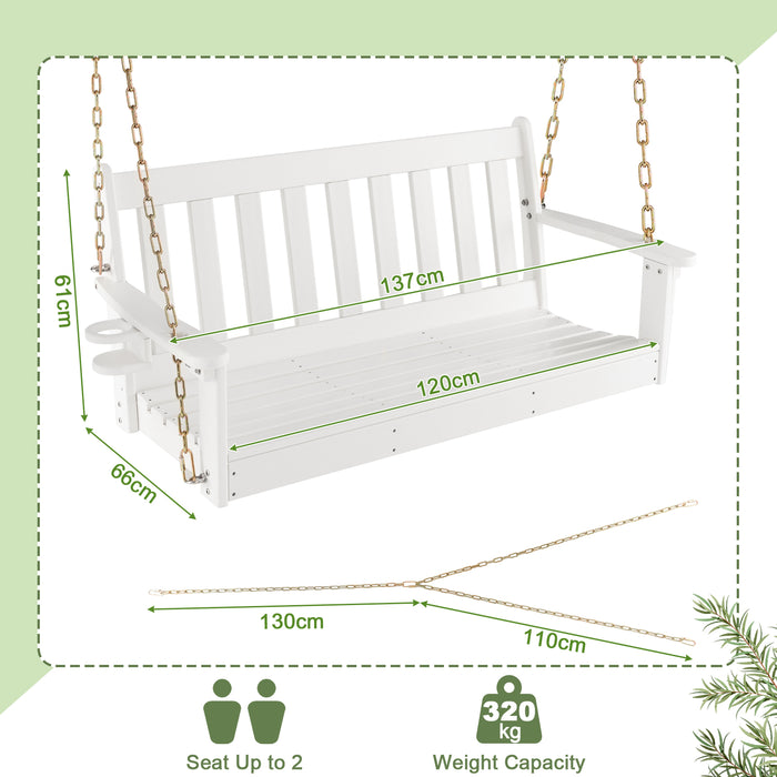 HDPE - White Porch Swing with Hidden Cup Holder and Adjustable Secure Chains - Great for Relaxing Outdoors