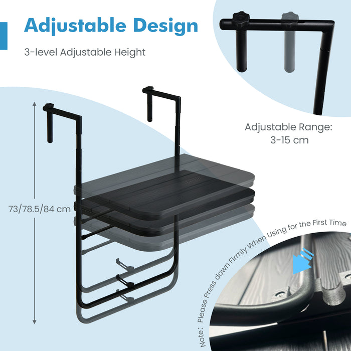 Patio Black Folding Railing Table - Features Adjustable 3-Level Height - Ideal for Space Saving Outdoor Furniture