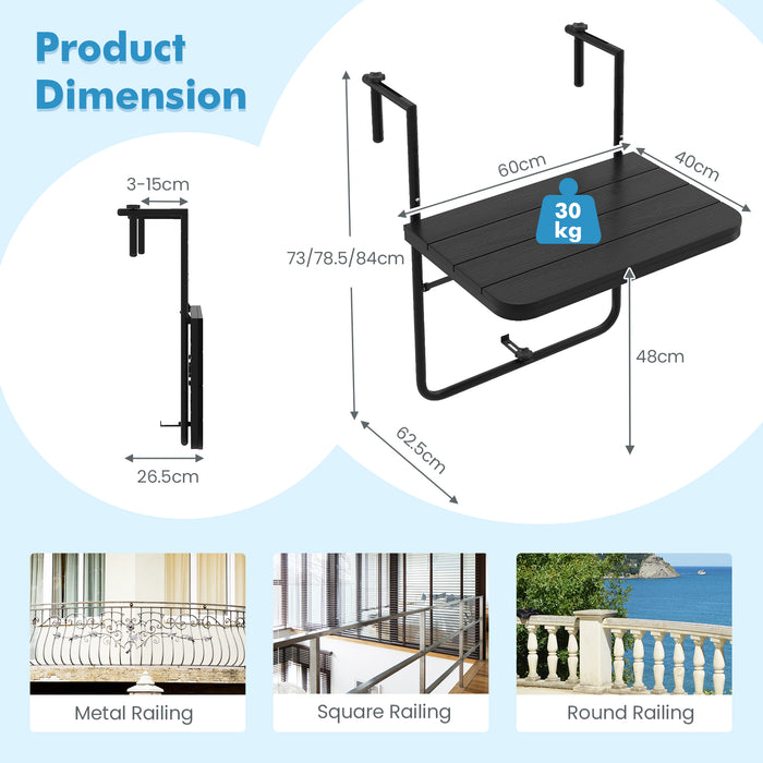Patio Black Folding Railing Table - Features Adjustable 3-Level Height - Ideal for Space Saving Outdoor Furniture